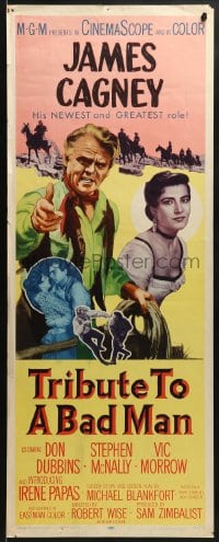 5t457 TRIBUTE TO A BAD MAN insert 1956 great art of cowboy James Cagney, pretty Irene Papas!