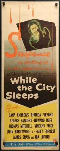 5t476 WHILE THE CITY SLEEPS insert 1956 great image of Lipstick Killer's victim, Fritz Lang noir!