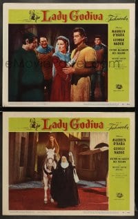 5w906 LADY GODIVA 2 LCs 1955 sexy Maureen O'Hara, George Nader, Victor McLaglen!