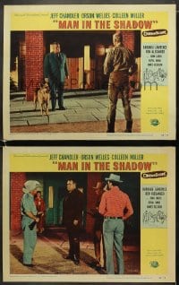 5w913 MAN IN THE SHADOW 2 LCs 1958 great images of Jeff Chandler, Orson Welles & Colleen Miller!