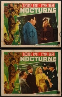 5w754 NOCTURNE 3 LCs 1946 George Raft & Lynn Bari, film noir border art, Hollywood glamour murder!