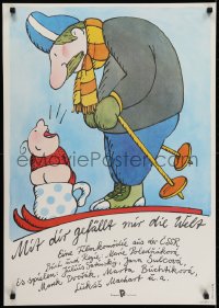 5y639 YOU TAKE THE KIDS East German 23x32 1983 wild art of baby and man skiing by Bofinger!