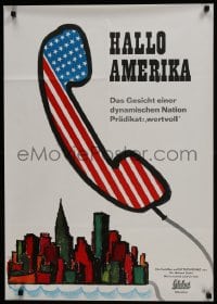 5y103 HALLO AMERIKA German 1962 Garp art of patriotic phone over New York City skyline!