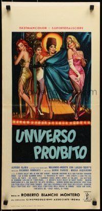 5y991 UNIVERSO PROIBITO Italian locandina 1963 Mos art of sexy strippers on stage!