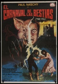 5y062 HUMAN BEASTS Spanish 1980 Paul Naschy, wild Jano horror art of hogman & woman in peril!
