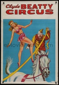 5z371 CLYDE BEATTY CIRCUS 28x41 circus poster 1950s wild artwork of clown, woman and ribbon!