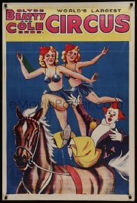 5z369 CLYDE BEATTY - COLE BROS CIRCUS 28x42 circus poster 1965 clown on horse, two sexy women!