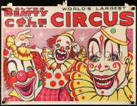 5z365 CLYDE BEATTY - COLE BROS CIRCUS 21x28 circus poster 1960s artwork of 3 laughing clowns!