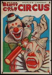 5z368 CLYDE BEATTY - COLE BROS CIRCUS 28x42 circus poster 1960s art of clown pulling firecracker prank!