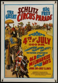 5z378 SCHLITZ 28x40 circus poster 1971 Circus Parade, elephants, horses and more!