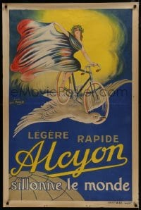 5z148 ALCYON French 31x47 1930s striking artwork of woman on bicycle with dove flying over a globe!