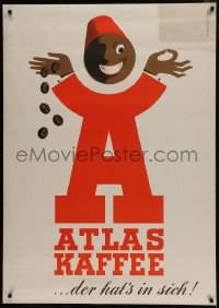 5z151 ATLAS KAFFEE 33x47 German advertising poster 1950s art of a mascot dropping coffee beans!