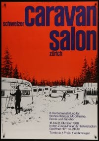 5z062 CARAVAN SALON 36x51 Swiss special poster 1969 skiers and caravans by Rolf Stickel!