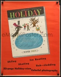 5z684 HOLIDAY 22x28 special poster 1948 skiing, ice boating, skating, cool art, December!