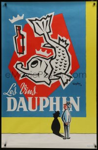 5z719 LES VINS DAUPHIN 31x48 French special poster 1950s art of a man admiring fish wearing crown!