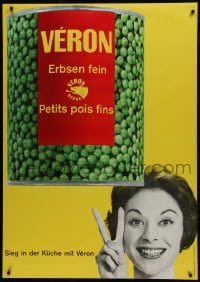 5z226 VERON 36x51 Swiss advertising poster 1959 can of peas & gorgeous woman showing victory sign!