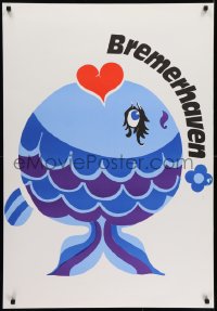 5z258 BREMERHAVEN 27x39 German travel poster 1960s really cute artwork of fish with lipstick!