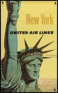 5z266 UNITED AIR LINES NEW YORK 25x40 travel poster 1950s Galli art of tourists in Statue of Liberty!