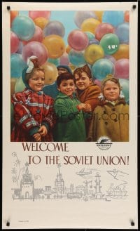 5z267 WELCOME TO THE SOVIET UNION 24x39 Russian travel poster 1960s children, balloons, Intourist!