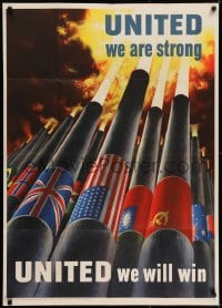 5z319 UNITED WE ARE STRONG 29x40 WWII war poster 1943 WWII, Koerner art of cannons firing together!