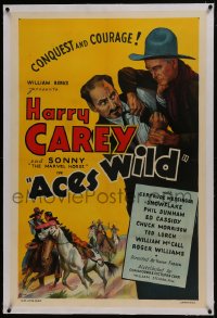 6a198 ACES WILD linen 1sh 1937 art of tough cowboy Harry Carey in fight & on horseback!