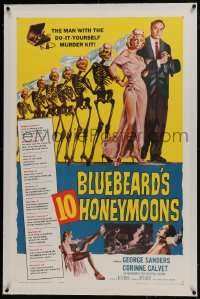 6a224 BLUEBEARD'S 10 HONEYMOONS linen 1sh 1960 wild art of George Sanders with skeleton brides!