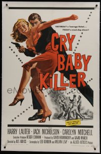 6a257 CRY BABY KILLER linen 1sh 1958 first Jack Nicholson, cool art of criminal with girl and gun!