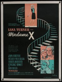 6a058 MADAME X linen Danish 1966 art of Lana Turner with gun on staircase by Benny Stilling!
