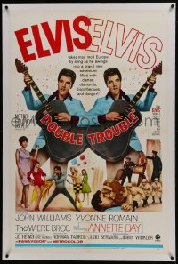 6a273 DOUBLE TROUBLE linen 1sh 1967 cool mirror image of rockin' Elvis Presley playing guitar!