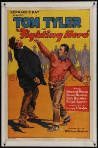 6a292 FIGHTING HERO linen 1sh 1934 great art of cowboy Tom Tyler punching much taller bad guy, rare!