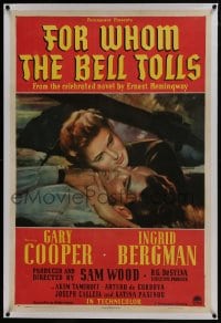 6a299 FOR WHOM THE BELL TOLLS linen style A 1sh 1943 Seguso art of Gary Cooper & Ingrid Bergman!