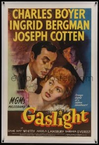 6a305 GASLIGHT linen 1sh 1944 art of Ingrid Bergman, Charles Boyer & Joseph Cotten, rare!