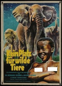 6a072 BAMBUTI linen German 1959 art of smiling topless native & herd of elephants!