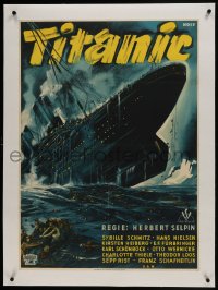6a076 TITANIC linen German R1950 great Hoff art of passengers fleeing the legendary sinking ship!
