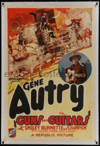6a324 GUNS & GUITARS linen 1sh 1936 great art of Gene Autry playing guitar by stagecoach, very rare!