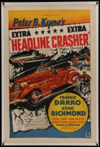 6a333 HEADLINE CRASHER linen 1sh 1937 newspaper art w/ Frank Darro in hot rod car chase, very rare!