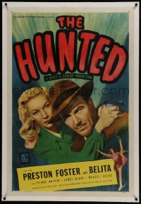 6a342 HUNTED linen 1sh 1948 close up of sexy Belita holding gun with arms around Preston Foster!