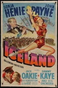 6a346 ICELAND linen 1sh 1942 stone litho of ice skating Sonja Henie, John Payne & Kaye w/clarinet!