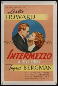 6a349 INTERMEZZO linen 1sh 1939 romantic c/u of Ingrid Bergman & Leslie Howard, A Love Story, rare!