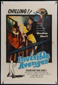 6a351 INVISIBLE AVENGER linen 1sh 1958 the unseen Shadow Man, cool chilling horror artwork!