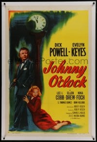 6a357 JOHNNY O'CLOCK linen 1sh R1956 cool noir art of Dick Powell & sexy Evelyn Keyes by clock!
