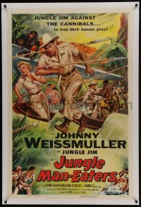 6a359 JUNGLE MAN-EATERS linen 1sh 1954 Cravath art of Johnny Weissmuller as Jungle Jim vs cannibals!