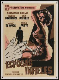 6a078 ESPOSAS INFIELES linen export Mexican poster 1956 silkscreen art of sexy woman & smoking hand!
