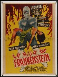 6a079 FRANKENSTEIN'S DAUGHTER linen Mexican poster 1960 art of wacky monster holding sexy girl!
