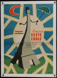 6a041 BONJOUR PARIS linen Polish 23x33 1957 wonderful surreal living Eiffel Tower art by Lipinska!