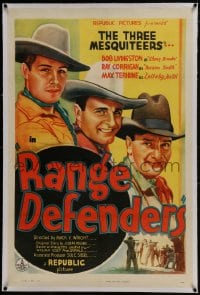 6a417 RANGE DEFENDERS linen 1sh 1937 Three Mesquiteers Bob Livingston, Ray Corrigan & Max Terhune!