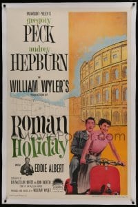 6a424 ROMAN HOLIDAY linen int'l 1sh R1960 Audrey Hepburn & Gregory Peck on Vespa by Coliseum, rare!