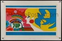 6a007 7 UP linen 21x34 advertising poster 1970 psychedelic art by John Alcom, uncanny in cans!