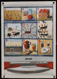 6a047 OLIVETTI linen 19x27 Italian advertising poster 1990s Julia Binfield art, Network Management!