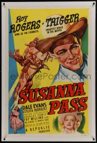 6a467 SUSANNA PASS linen 1sh R1956 great art of Roy Rogers riding Trigger, plus sexy Dale Evans!